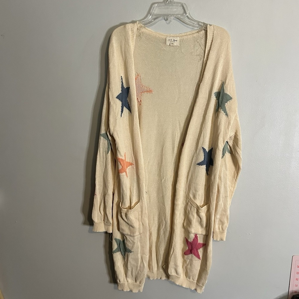 Oversized Star Print Cardigan Cream Knit Long Open Front Boho Women's Large